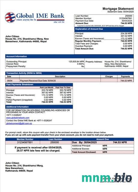 Nepal Global IME Bank wyciąg z kredytu hipotecznego szablon Word i PDF